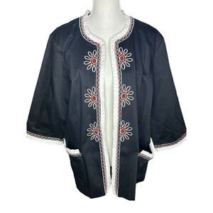 Bob Mackie Women's 1X Black Abstract Floral Embroidered Open Front Blazer Artsy